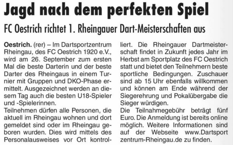 Pressebericht Rheingau Dartmeisterschaft 2026 am 26. September im Dartsportzentrum des FC Oestrich 1920 e.V.