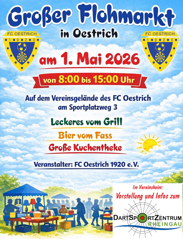Flohmarkt FC Oestrich am 01. Mai 2026 und Vorstellung Dartsportzentrum Rheingau